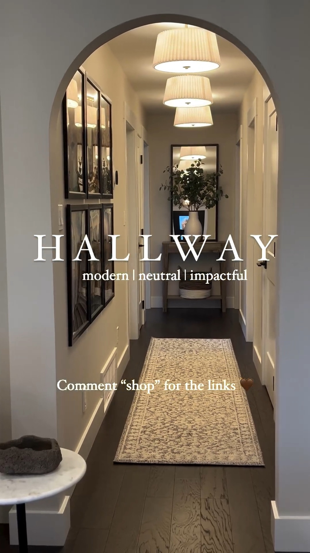 Here’s a few design ideas that I incorporated to make this space feel purposeful and impactful ✨

1. Lighting- I think good lighting can completely change a space. I loved the idea of having replicated lighting, especially in a hallway! These beautiful lights are so inexpensive and make a big statement!

2. Hallway runner- still obsessing over this gorgeous @loloirugs runner (that is on sale right now) from the @magnolia recent collection! It grounds the space and creates these beautiful long lines that I love!

3. The archway- we added this last year and it’s the best design decision we’ve made on this main floor. I love how it created separation from the open concept living space, it was the perfect addition 🤎

🛒 Comment “shop” for the links 🔗 

Hallway lighting
Hallway ideas
Hallway
Neutral home
Home decor inspo
Runner rug
Loloi rug
Gallery wall
#hallway #hallwaydecor #hallwayinspo #hallwaydesign #hallwayideas #hallways #hallwayinspiration #hallwaylighting#LTKhome 

#LTKstyletip #LTKsale