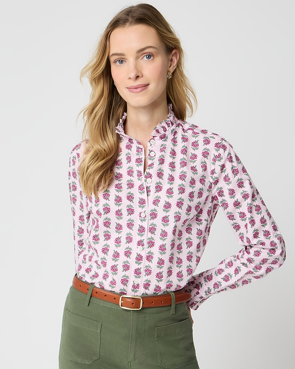 Petite printed ruffle button-up shirt | J.Crew Factory