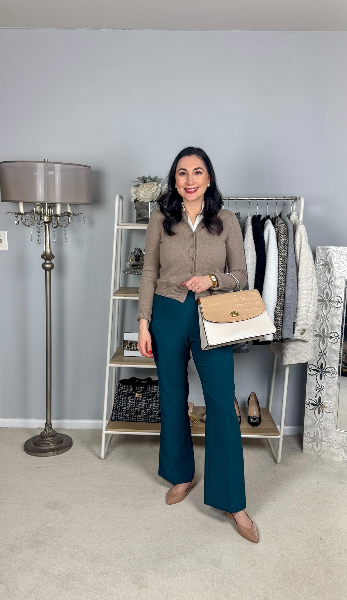 Business casual work outfit  🤎💚

Tan cashmere cardigan size small, TTS
White ruffle neck top size xs, sized down 
Green pants size 4 curvy, TTS

Work wear 
Office outfit 


#LTKSeasonal #LTKWorkwear