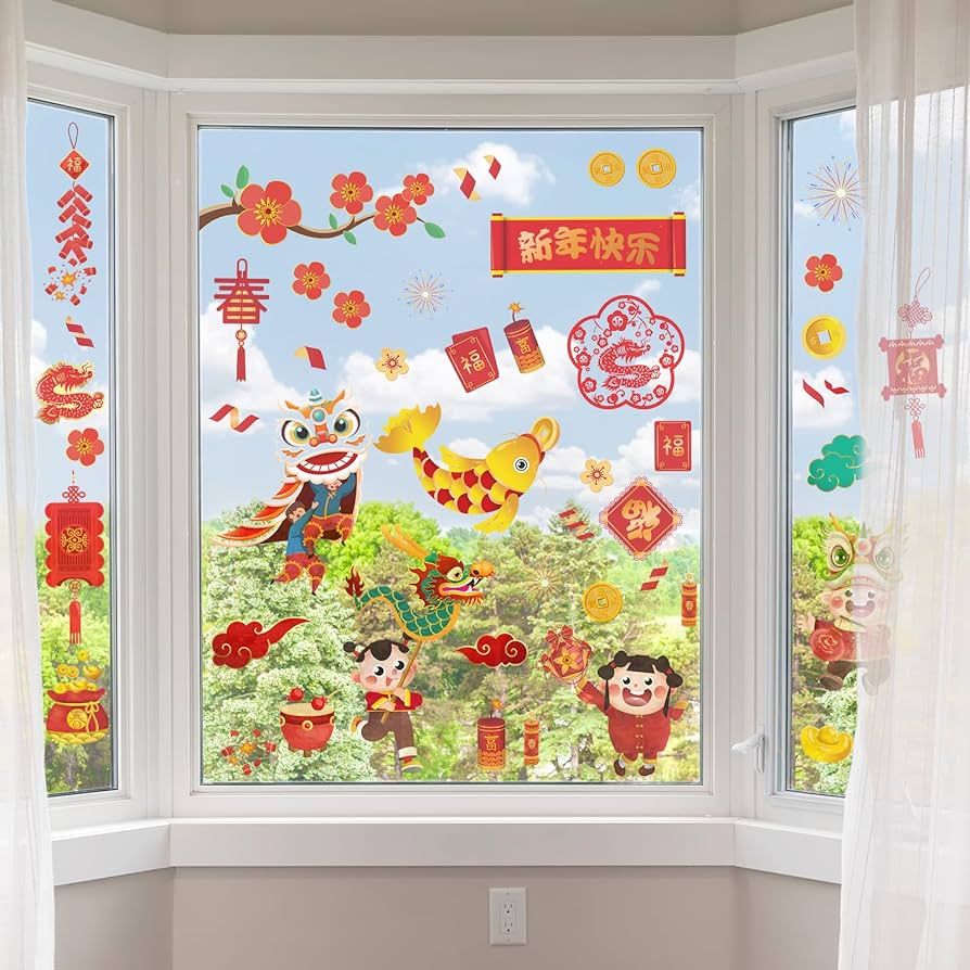 Chinco 9 Sheets Chinese New Year Window Clings Removable Lunar New Year Stickers New Year Ornamen... | Amazon (US)