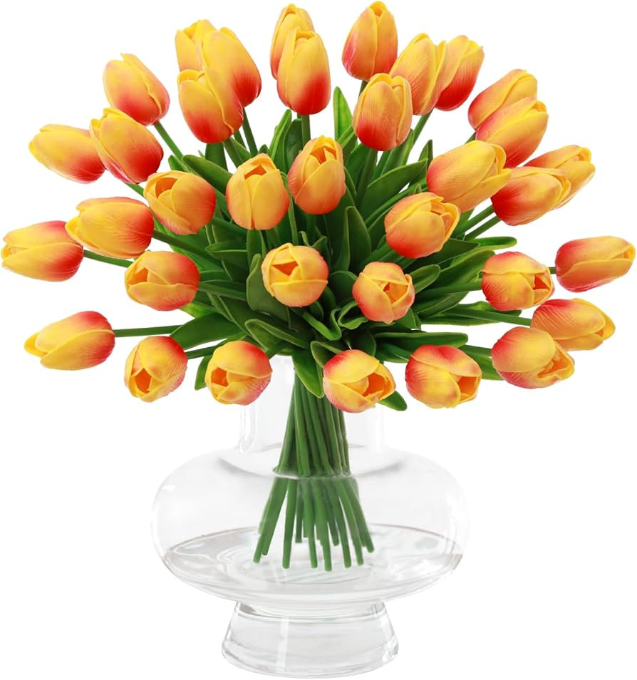 Orange Fake Tulips Artificial Flowers - 24 Pcs Artificial Silk Orange Tulips Faux Flowers with St... | Amazon (US)