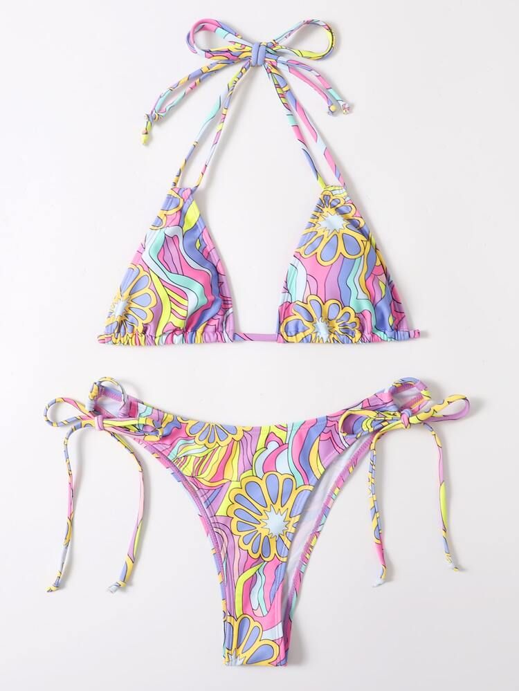 Floral Print Halter Triangle Tie Side Bikini Swimsuit | SHEIN
