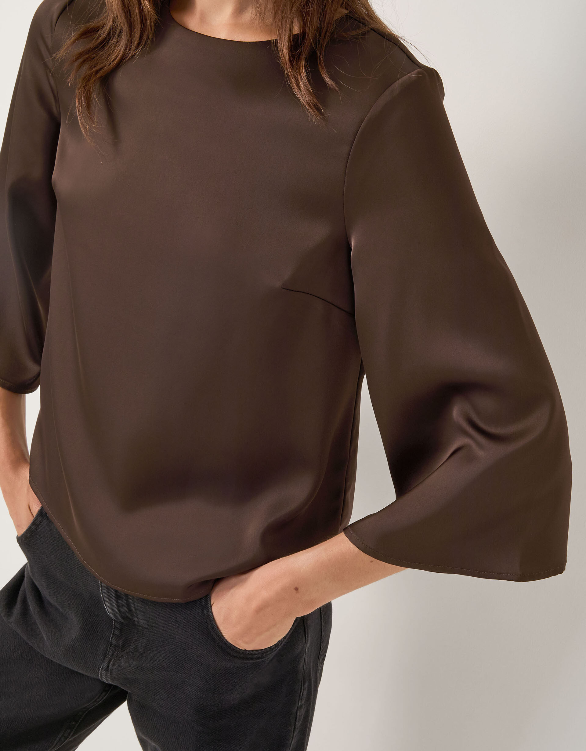 Ingrid Bell Sleeve Satin Blouse Brown | Monsoon (UK)