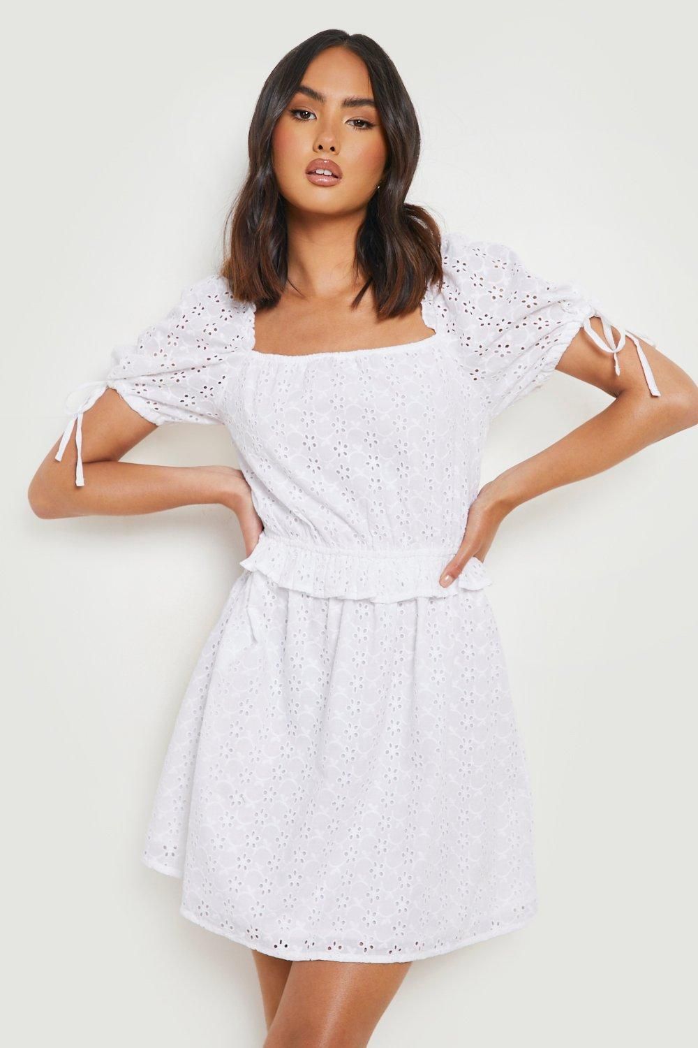 Womens Broderie Puff Sleeve Milkmaid Dress - White - 8 | Boohoo.com (US & CA)