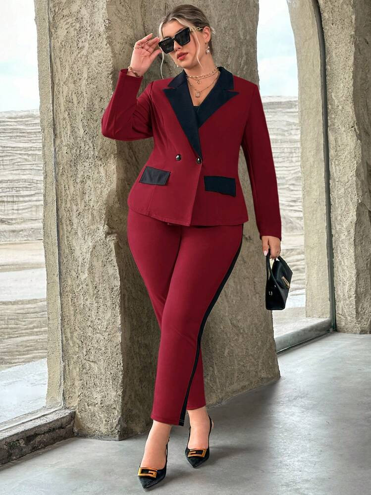 SHEIN Privé Plus Contrast Panel Peak Collar Blazer & Pants In Fall/Winter | SHEIN