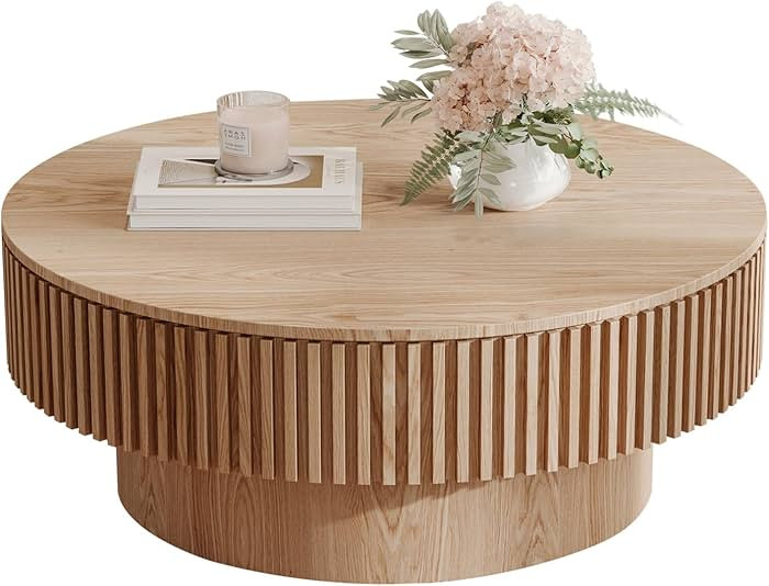 31.5'' Natural Coffee Table Modern Handcraft Drum Round Circle Wooden Solid Wood Veneer Tea Table... | Amazon (US)