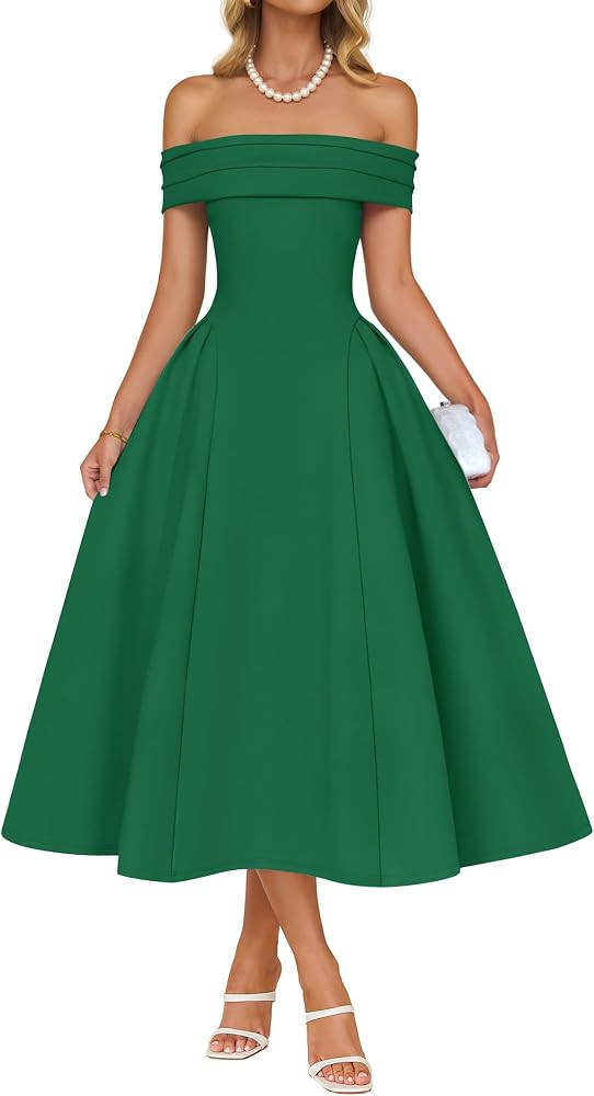 ZESICA Cocktail Dress for Womens Elegant Off Shoulder Short Sleeve Swing A Line Wedding Evening Party Midi Dresses | Amazon (US)