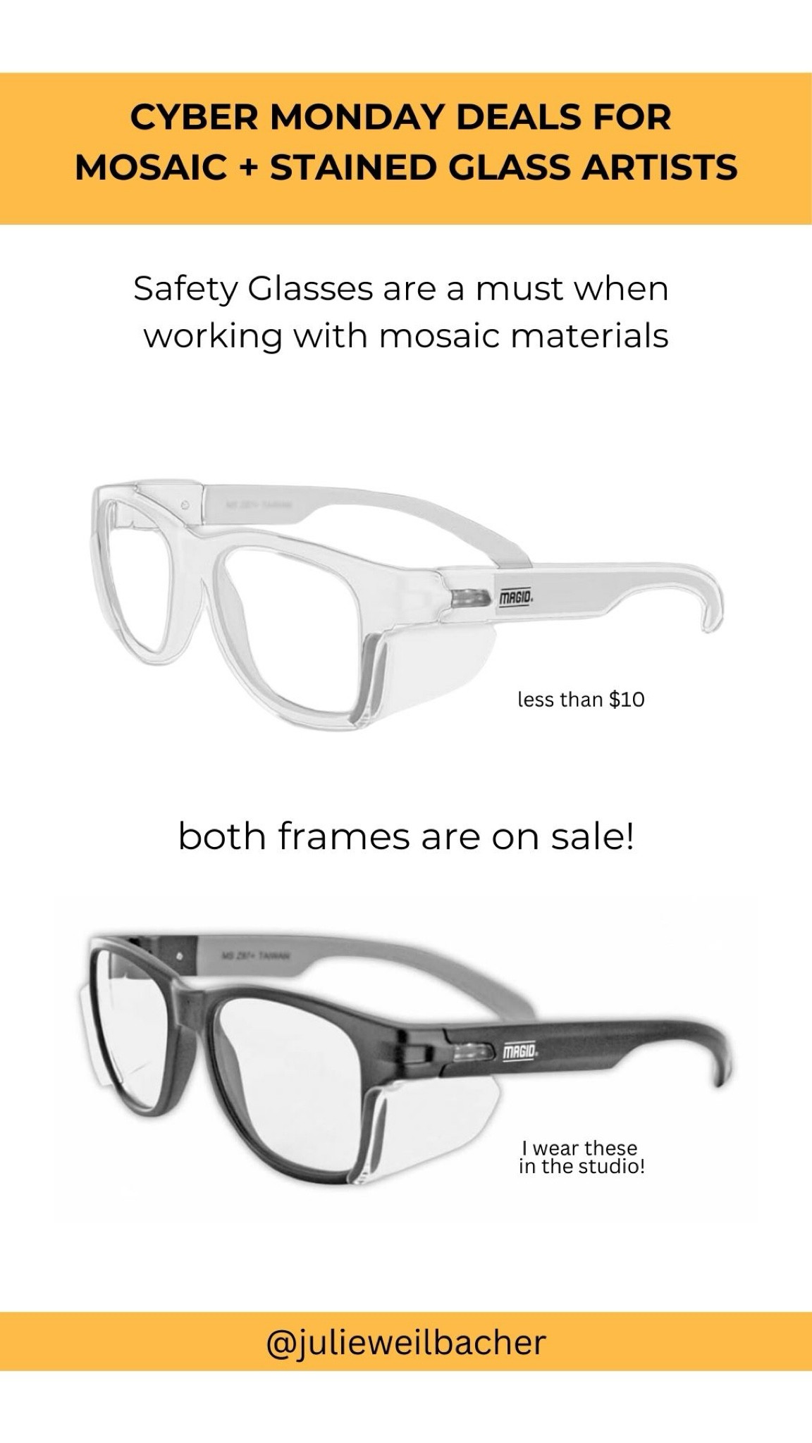 Sharing the safety glasses I use in my mosaic studio to protect my eyes from dust and broken glass, ceramic, or stone. 👓 I wear the black rimmed style, and they’re comfortable and lightweight. 👓 For mosaic tips, tutorials, inspiration, and so much more please visit my YouTube channel: YouTube.com/julieweilbacher. Follow @julieweilbacher on Instagram for all things mosaic art. glasses - gifts for crafters - mosaic - stained glass - safety glasses - black rimmed glasses - clear rimmed glasses

#LTKFindsUnder50 #LTKGiftGuide #LTKCyberWeek