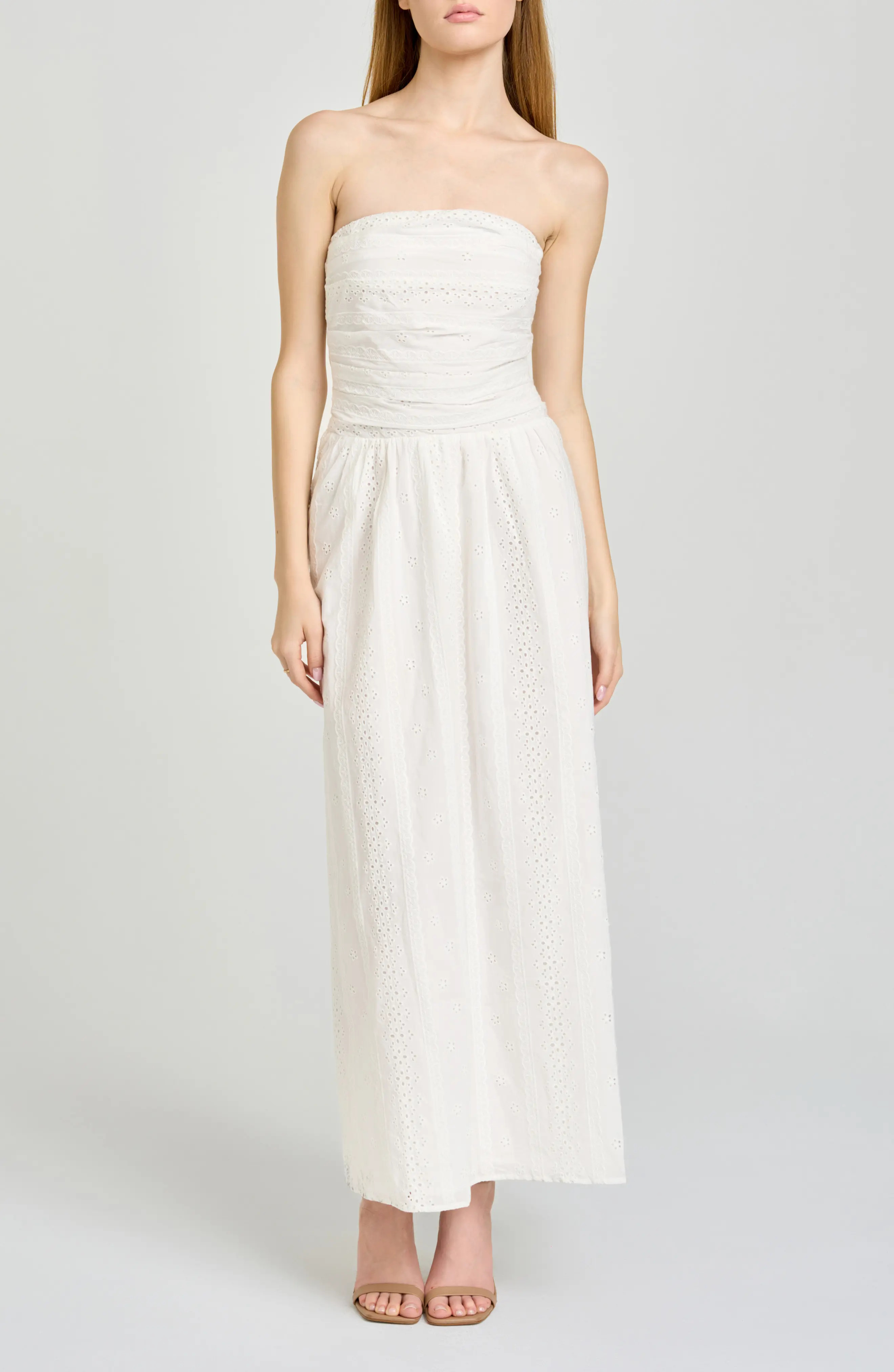 WAYF Pippa Gathered Eyelet Strapless Cotton Midi Dress in Ivory at Nordstrom, Size Small | Nordstrom