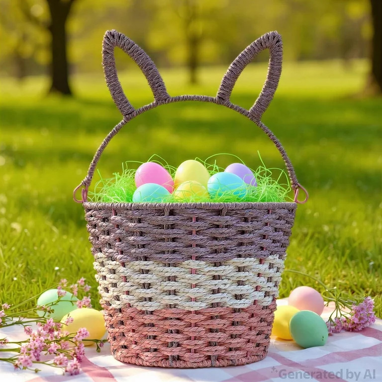 Round Bunny Ear Handle Paper Basket, Pink/White/Purple, 9" x 6.5", Easter by Way To Celebrate | Walmart (US)