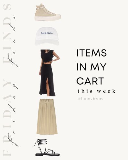 Items in my cart this week 🛒

Beige sneakers, white favorite daughter dad hat, black skirt set, silk skirt, black gladiator strappy sandals 

#LTKunder100 #LTKFind #LTKfit