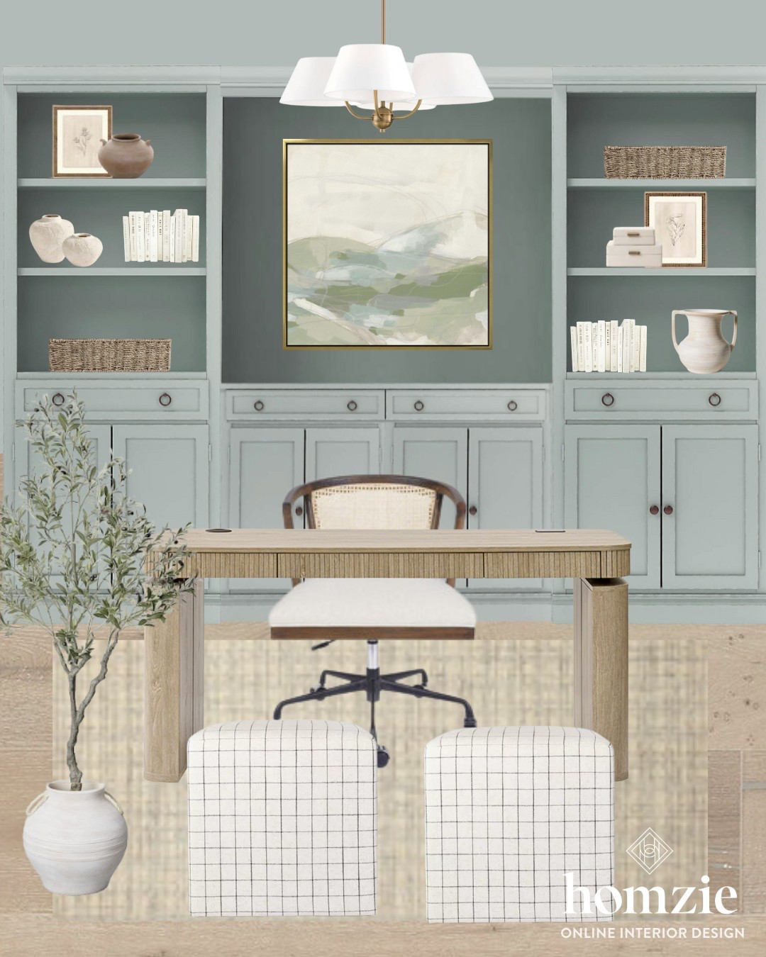 My home office! My built-ins are farrow & ball light blue. Desk is hulala home.  Desk chair, neutral rug, chandelier, faux tree, wall art 

#LTKFindsUnder50 #LTKFindsUnder100 #LTKHome