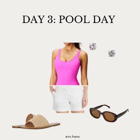 Bachelorette Weekend Pool Day: pink one piece swim suit, white Nautica shorts, Steve Madden raffia slide sandals, Amazon Fashion vintage sunglasses, Blake cz studs 

#LTKtravel #LTKparties #LTKwedding
