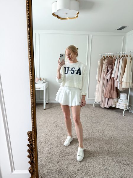 Cutest USA crop top sweater from Target! Wearing size medium. Summer outfits // summer sweaters // patriotic tops // casual outfits // Memorial Day outfits // 4th of July outfits // athleisure // athletic wear // Target finds // Target fashion  

#LTKSeasonal #LTKStyleTip #LTKActive