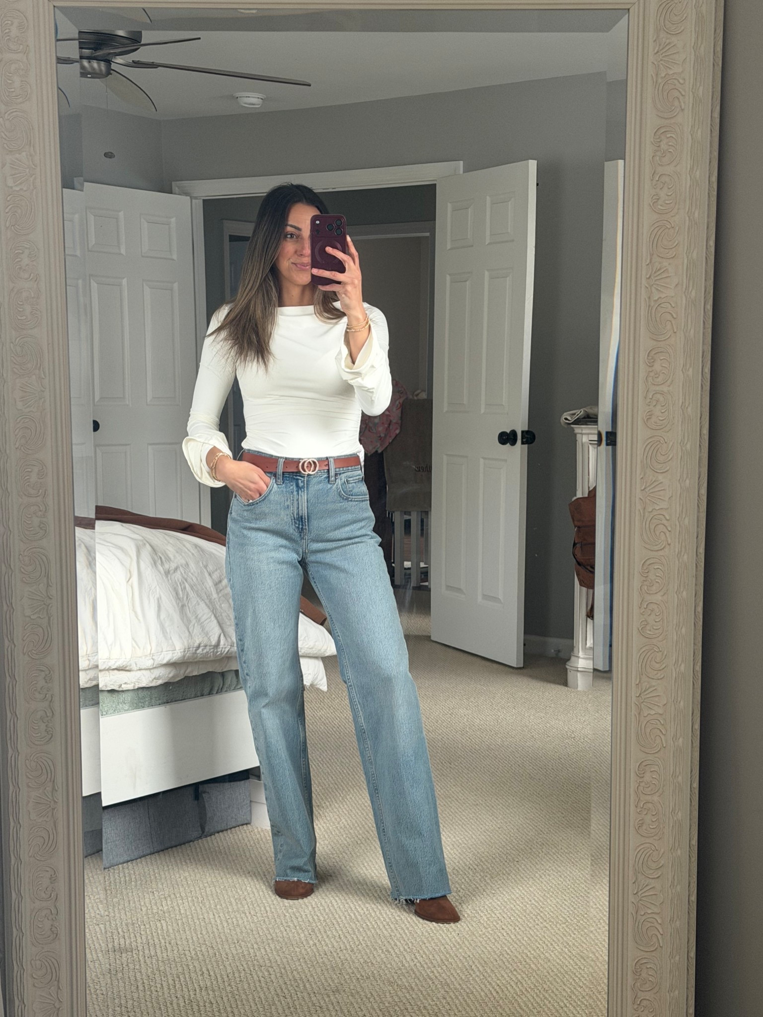 casual but elevated! Out for dinner with my girlfriends 🤍

bell sleeve top | double lined top | flare sleeve top | elevated outfit | cute outfit | casual outfit | Abercrombie denim | high rise 90s relaxed | white shirt | tan belt | tan boots | winter | spring | fall |amazon shirt 

#LTKselfcare #LTKootd #LTKSaleAlert