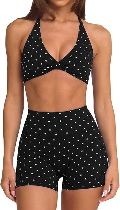 SUUKSESS Women 2 Piece Workout Sets Twist V Neck Sports Bra Yoga Gym Biker Short | Amazon (US)