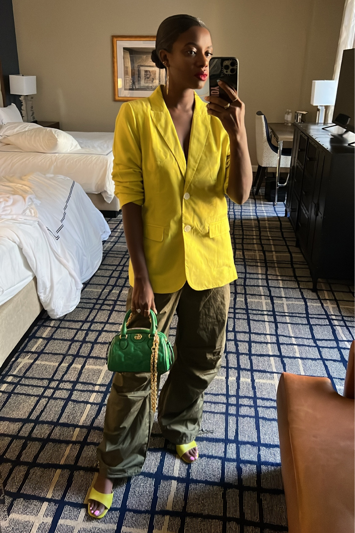 J. Crew Chartreuse blazer, green parachute pants, green sandals and green Gucci top handle purse for a snappy casual look  

#LTKCon #LTKitbag #LTKstyletip