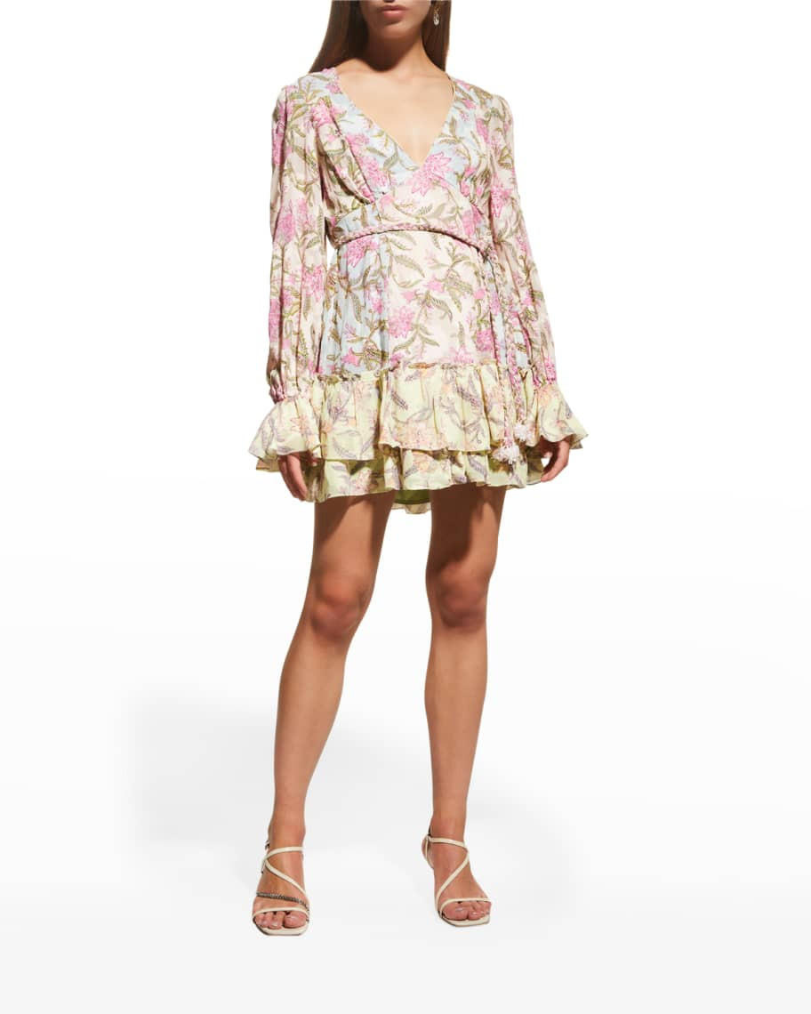 Hemant & Nandita Short Mixed Floral Dress with Braided Belt | Neiman Marcus