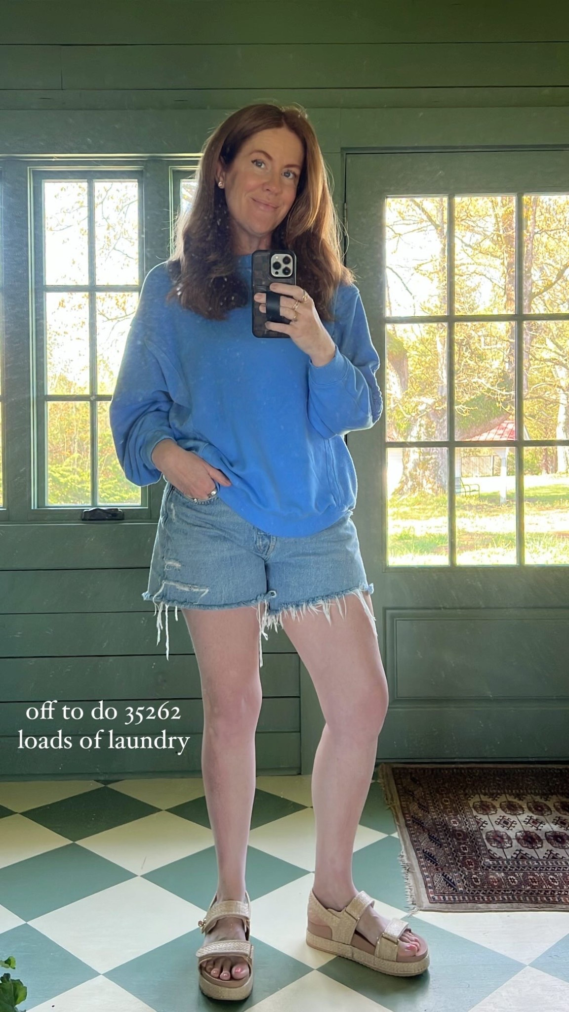 spring outfit favorite denim cut offs wearing size 29 and size xxs in this periwinkle sweatshirt which is perfection. could wear these platform sandals all day long. tts!

#LTKSeasonal #LTKFindsUnder50 #LTKOver40