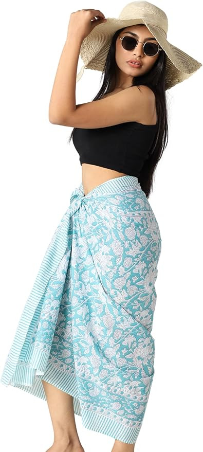 100% Cotton Sarong Coverups for Women Indian Hand Block Print Swimsuit Pareo Wrap Skirt Beach Swi... | Amazon (US)