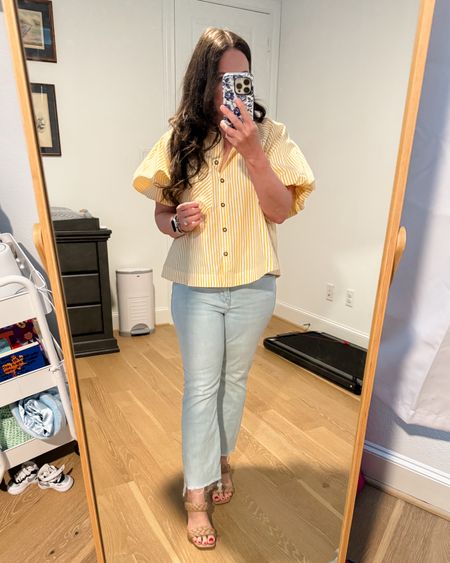 Summer outfit / orange striped top / statement sleeve shirt / cropped jeans / light wash frayed h jeans / petite / braided sandals / casual / vacation outfitt

#LTKFindsUnder100 #LTKSeasonal #LTKOver40
