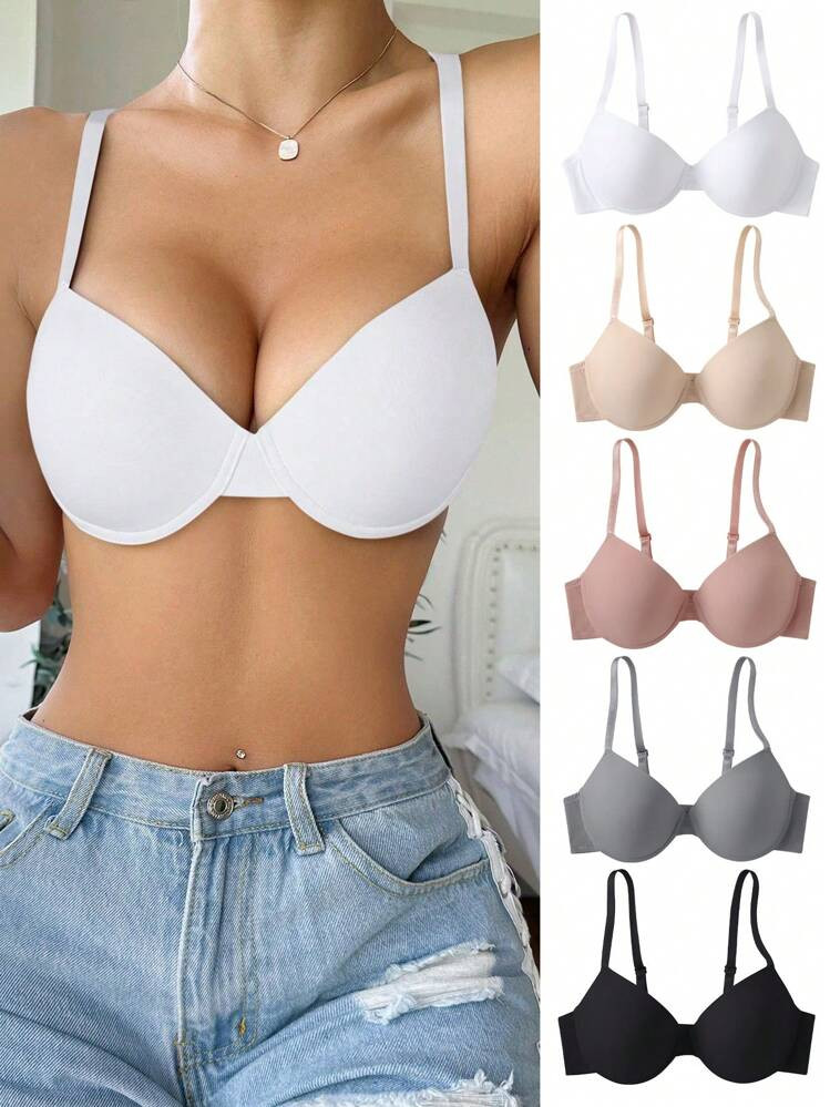 Shein Underwear&Sleepwear Basics 5pcs Women's Fashionable Solid Color Simple Strappy Backless Und... | SHEIN