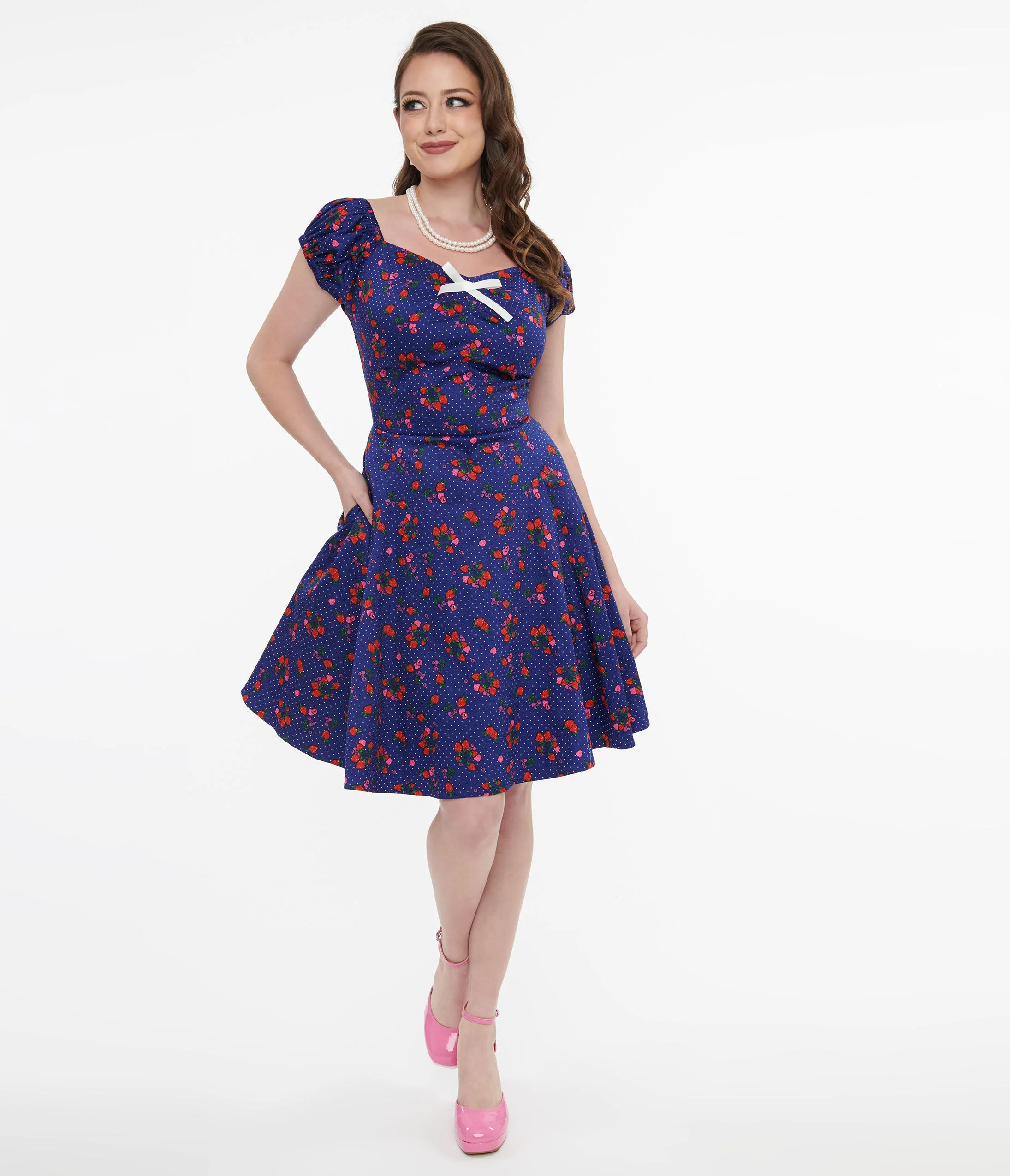 1950s Collectif Blue & Mixed Berries Print Dolores Mini Dress | UniqueVintage