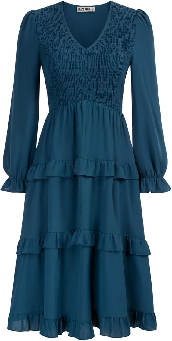GRACE KARIN Women's Casual Long Sleeve Midi Dress V Neck Smocked Ruffle Tiered Flowy Dresses | Amazon (US)