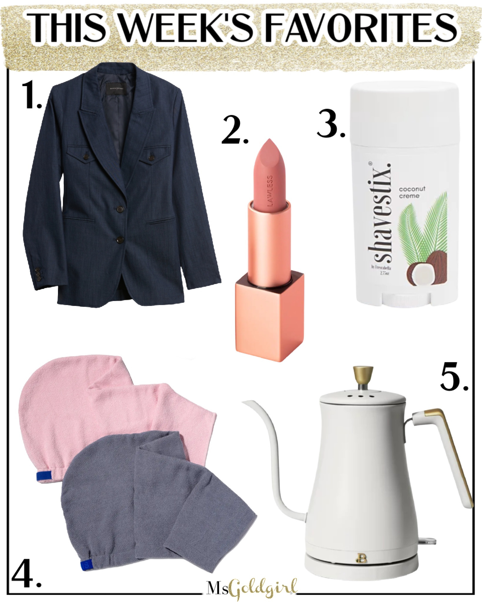 Had some great standouts this past week!
1. Denim blazer is just like the sold out version from the N Sale but cheaper and better sizing!

2. My new favorite lipstick-love the shades Femme and Daisy Girl. 

3. Have been using this to shave my legs for months! 

4. Gets the moisture out of my hair much faster than other microfiber towels with less tugging on my hair. 

5. I love how pretty AND functional this electric tea kettle is! 

#weeklyfavorites 

#LTKunder50 #LTKbeauty #LTKFind