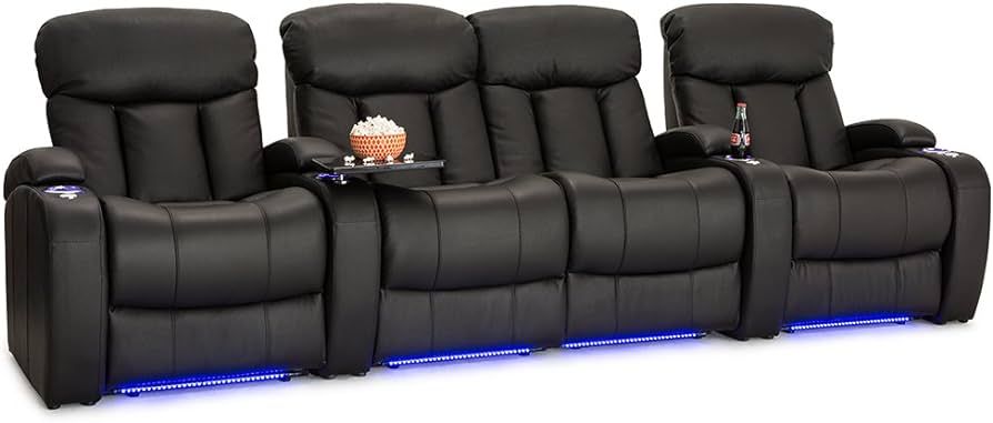 Seatcraft Grenada Black Leather Home Theater Seating - Row of 4 Seats with Center Loveseat - Powe... | Amazon (US)