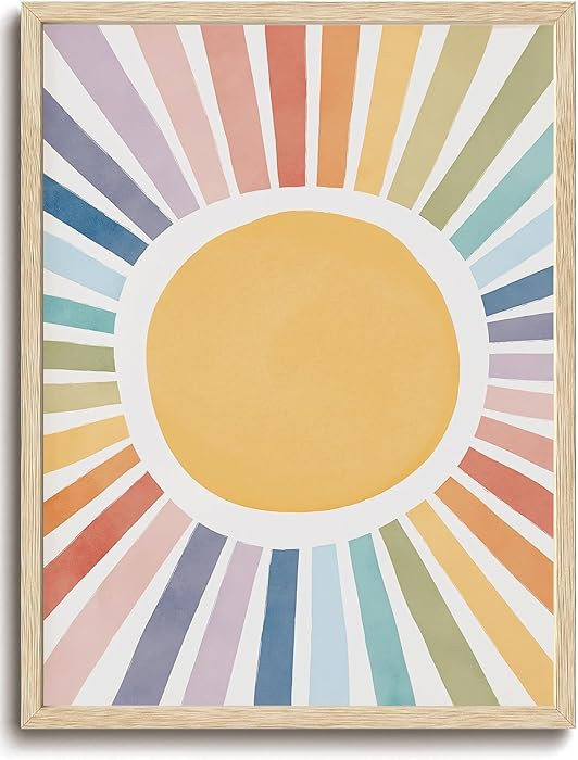 KISSFOX OAK Wood Framed Wall Art Sunshine Wall Decor Rainbow Canvas Art Sunburst Pictures Cute Pa... | Amazon (US)