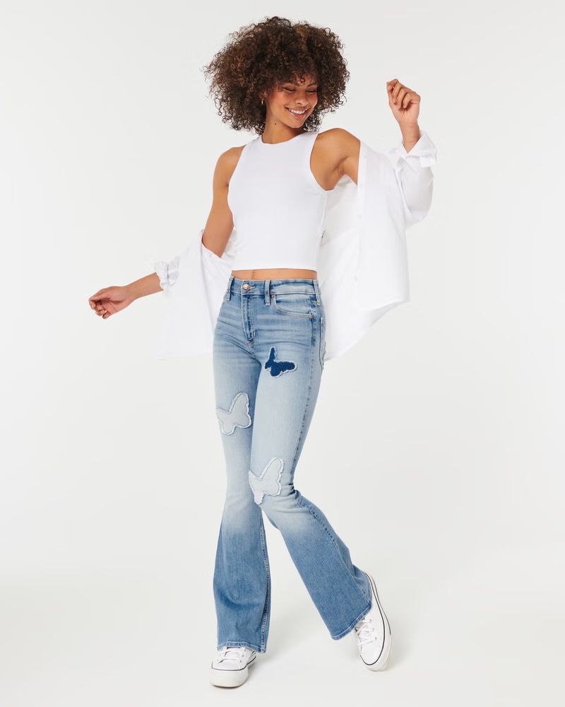 High-Rise Medium Wash Butterfly Patch Flare Jeans | Hollister (US)