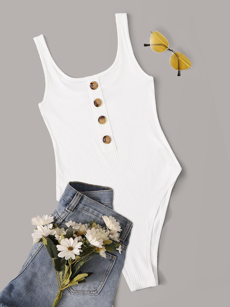 SHEIN EZwear Button Front Rib-knit Tank Bodysuit | SHEIN