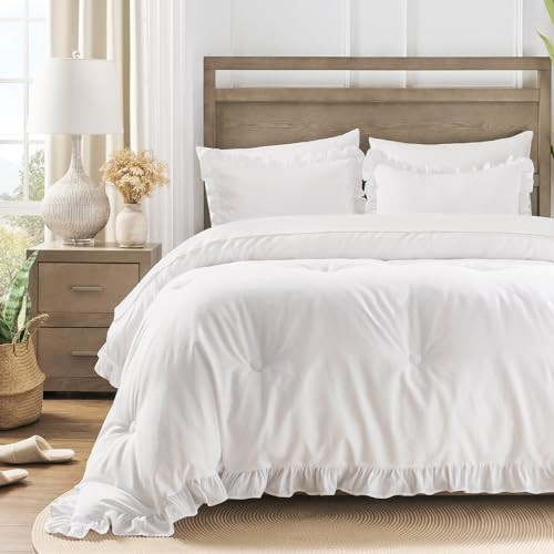 QUIETSEA Twin Bed in a Bag 5 Pieces Comforter Set Twin, Ruffle Shabby Chic Bedding Comforter Set White Bed Set with Comforter, Pillowcase, Flat Sheet, Fitted Sheet and Pillow Sham | Amazon (US)