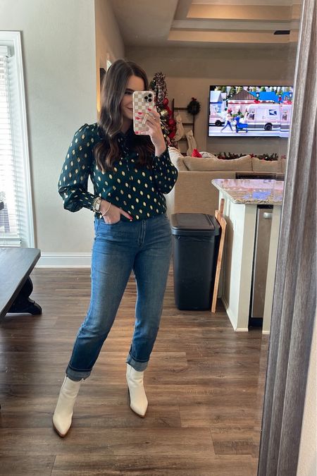 OOTD 🫶🏼 I paired this Cupshe green blouse with Old Navy straight jeans! These off white heeled booties are from Nordstrom Rack - so comfortable! #cupshe #oldnavy #nordstromrack 

#LTKstyletip #LTKfindsunder50 #LTKHoliday