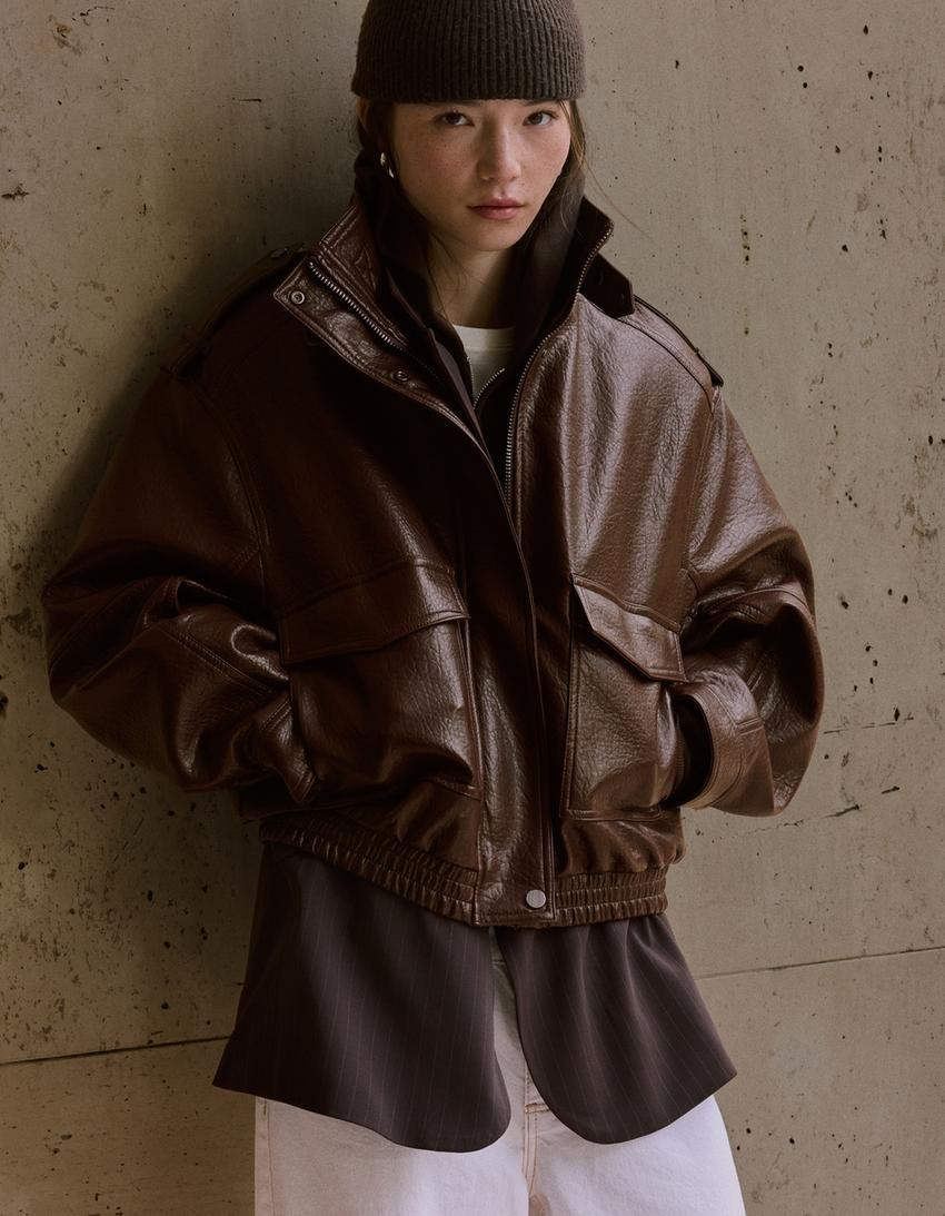 Leather effect funnel neck jacket - Leather-look - Women | Bershka GB