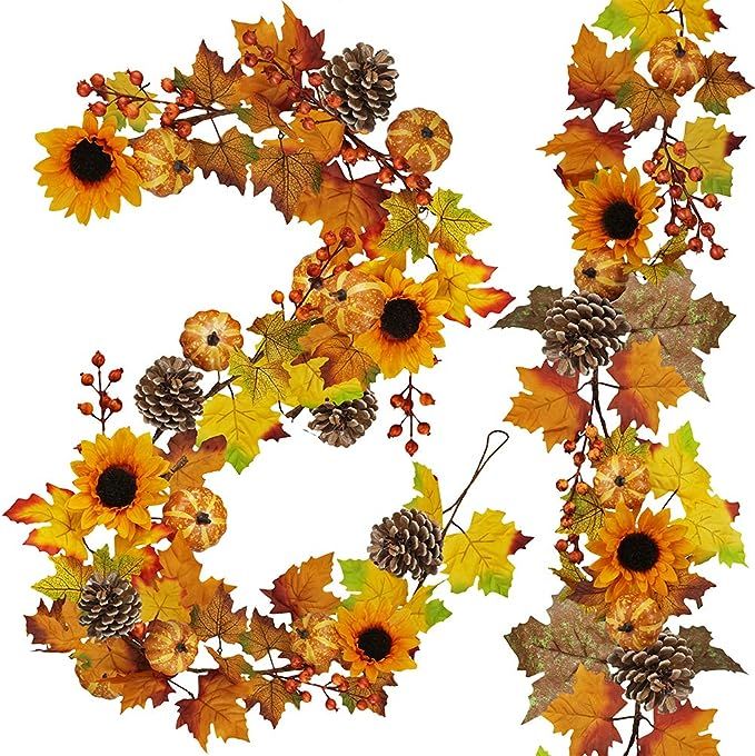 2 Pack Fall Maple Leaf Garland - 6ft/Piece Artificial Berries Sunflower Pumpkin Autumn Garland De... | Amazon (US)