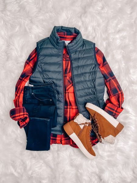 Walmart holiday plaid flannel button up shirt. Longer in the back. Fits true to size. Sold in other colors. Super comfy Sherpa hiking boots. Black jeans. Amazon Puffer vest

#ltkseasonal #holidayplaid #flannelshirt #walmartstyle #ltksalealert



#LTKHoliday #LTKunder50 #LTKSeasonal