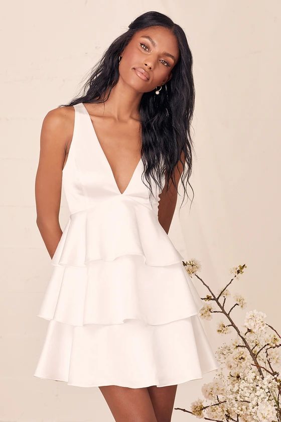 Tiers of Joy White Satin Tie-Back Tiered Mini Dress | Lulus (US)