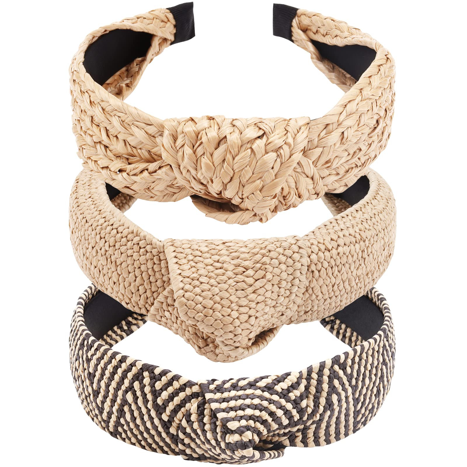 TOBATOBA Straw Headband for Women, 3Pcs Top Knot Headband, Summer Beach Headbands, Raffia / Rattan Headband, Boho Woven Headband No Slip | Amazon (US)