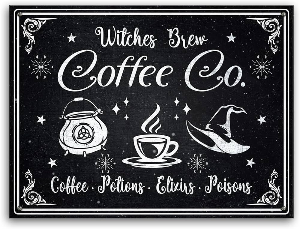 Halloween Decor Kitchen Coffee Bar Witches Brew Coffee Co Tin Metal Sign, Vintage Wall Art Plaque... | Amazon (US)