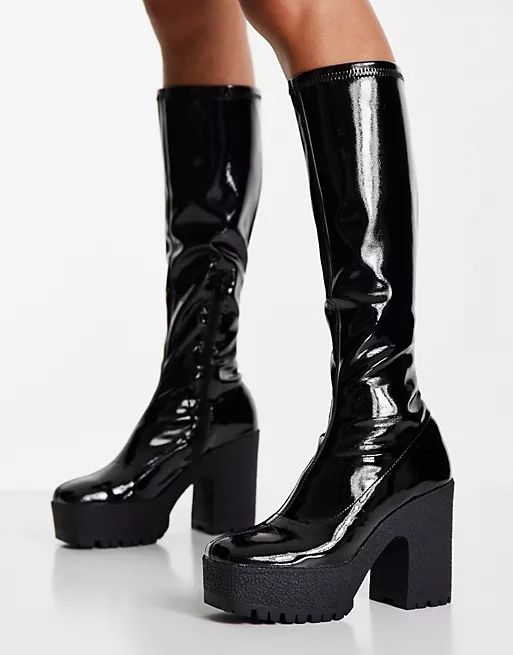 ASOS DESIGN Cashew heeled knee boots in black patent | ASOS (Global)