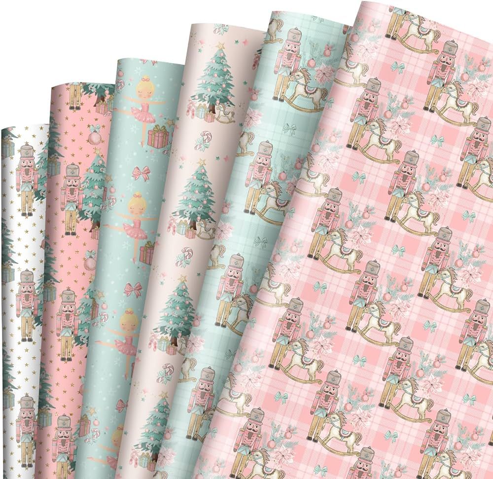AnyDesign 12 Sheet Christmas Wrapping Paper Pink Nutcracker Gift Wrap Paper Folded Flat DIY Art C... | Amazon (US)