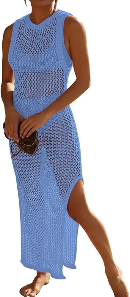 Bsubseach Crochet Swim Coverup Sleeveless Knitted Cover Up Dress | Amazon (US)