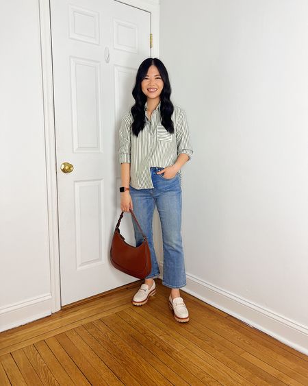 Green and white striped button up shirt (XSP)
High waisted kick crop jean (27P)
Brown bag
White loafers (TTS)
White chunky loafers
Smart casual outfit
Casual spring outfit
Outfit with jeans
LOFT outfit
Mom outfit
Weekend outfit

#LTKSeasonal #LTKstyletip #LTKsalealert