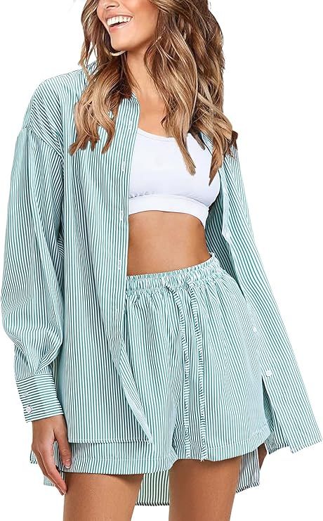 EXLURA Women's 2 Piece Outfits Casual Long Sleeve Button Down Shirts Lounge Matching Short Sets S... | Amazon (US)