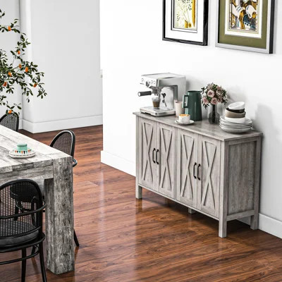 Gray Wood Grain Sideboard For Neat Living Space - 47" Buffet Cabinet With 4 Barn Doors And 2 Adjustable Shelves Storage Sideboard, Shelves, Elegant | Wayfair North America
