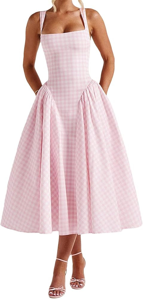 Women Sexy Corset Maxi Dress Square Neck Sleeveless Backless Bustier A-Line Midi Dresses Sexy Wed... | Amazon (US)