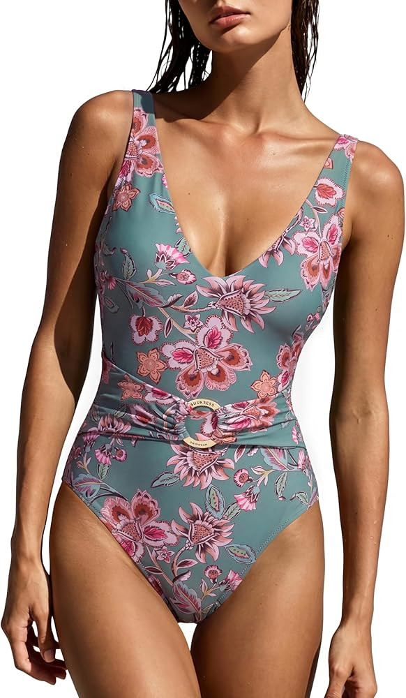 SUUKSESS Women Retro One Piece Swimsuit Metal Tummy Control V Neck Bathing Suit | Amazon (US)