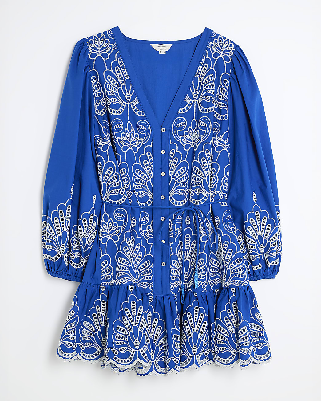 Blue Long Sleeve Broderie Poplin Shirt Dress | River Island UK & IE